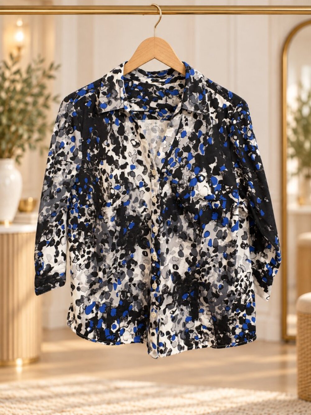 212 Collection Petite Stretch Abstract Print Button Down Shirt PM Blue Black